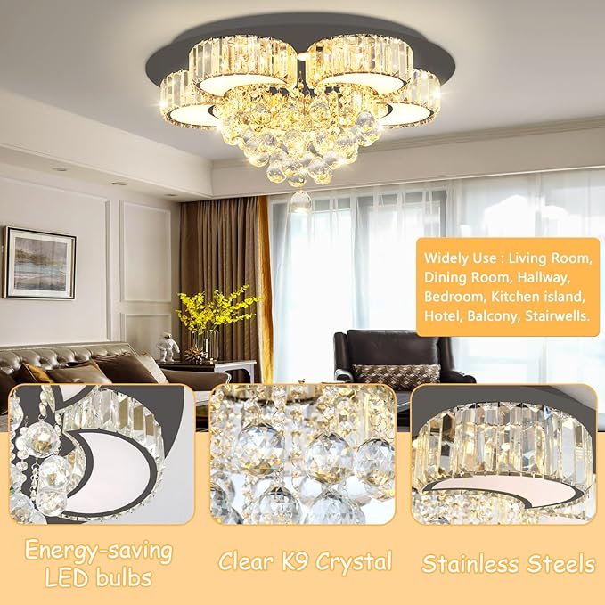 23.6'' Black Modern Crystal Chandeliers for Dining Room LED Dimmable Light Fixtures Flush Mount Light Living Room Bedrooms