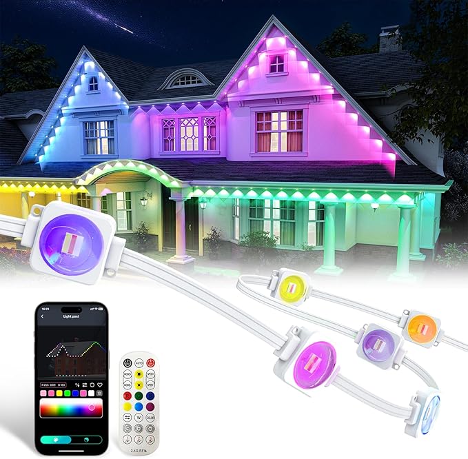 Permanent Outdoor Lights Pro,200ft RGB+IC Smart Outdoor Decor,App/Remote,Christmas,Halloween,Multi Scene Modes,IP67 Waterproof,Eaves Light with Daily & Holiday Party Decor,House Roof Lighting