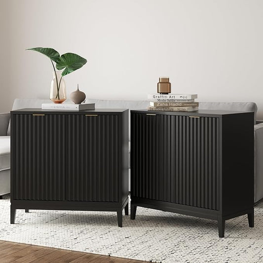 Nathan James Jasper Modern Sideboard, TV Stand with Fluted Doors, Accent Storage for Kitchen or Living Room, Black Oak, Set of 2