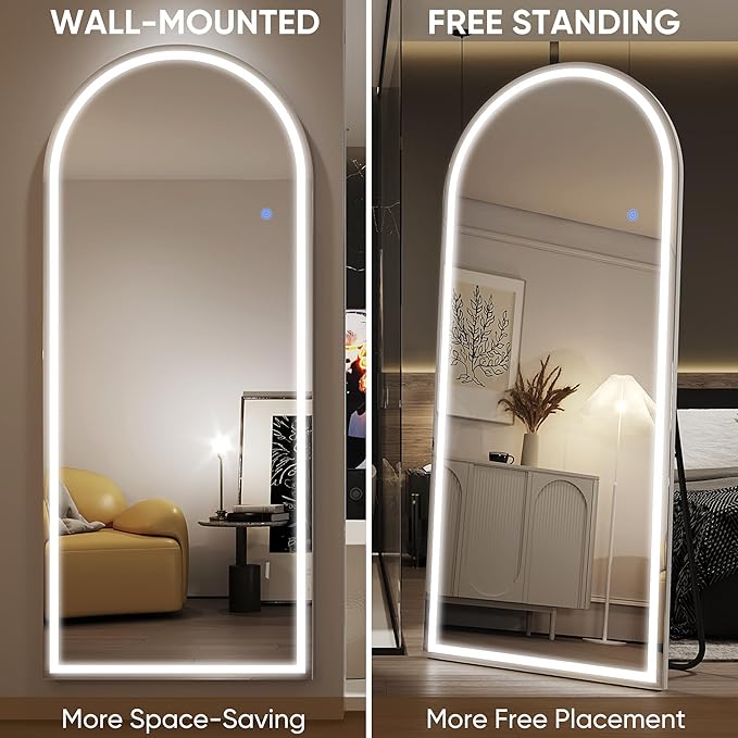 Antok LED Full Length Mirror with Light, 59"x22" Lighted Full Body Mirror with Stand, Dimmable & 3 Color Lighting Standing/Leaning/Wall Mounted Vanity Mirror for Bedroom Cloakroom Livingroom(Arched)