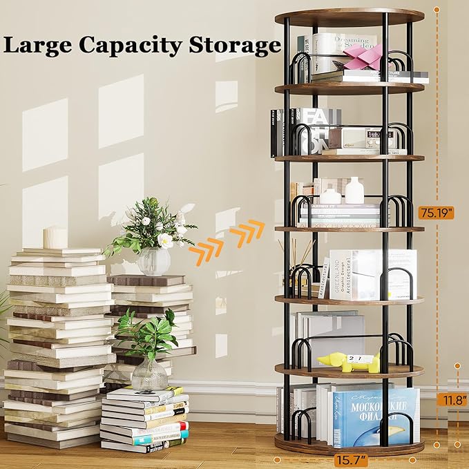 6 Tier Rotating Bookshelf Tower, 360° Display Round Bookcase, Floor Standing Corner Revolving Bookshelf Organizer Storage Rack for Home Study Office, Small Spaces (Black, 6 Tiers)