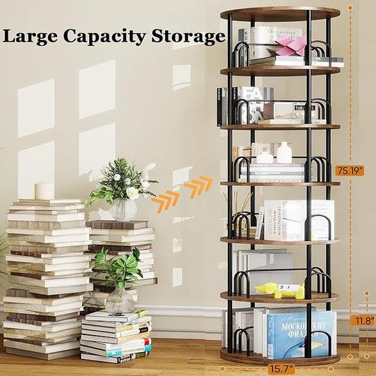6 Tier Rotating Bookshelf Tower, 360° Display Round Bookcase, Floor Standing Corner Revolving Bookshelf Organizer Storage Rack for Home Study Office, Small Spaces (Black, 6 Tiers)
