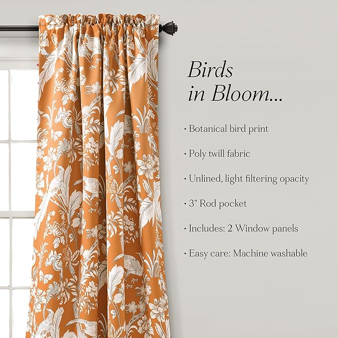 Lush Decor Dolores Light Filtering Window Panels, Pair, 52" W x 84" L, Orange - Floral Curtains for Bedroom - Vintage Curtains - Coquette Room Decor