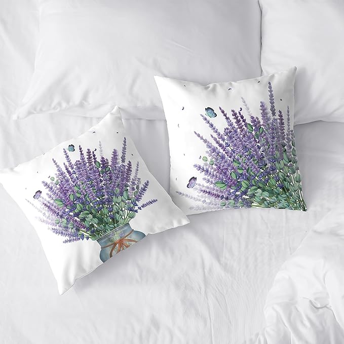 Purple Floral Pillow Covers Set of 2 Lavender Decorative Throw Pillow Covers 16x16 Spring Summer Farmhouse Square Pillowcases for Outdoor Living Room Garden Sofa