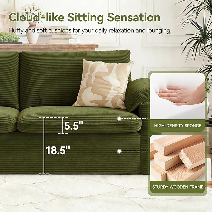 86" Loveseat Sofa Green Corduroy Couch,Modern Cloud Sofa Love Seat, Deep Seat Slipcovered Sofa with 2 Wide Armrest Pillows for Small Spaces Apartment Studio Office Bedroom Living Room