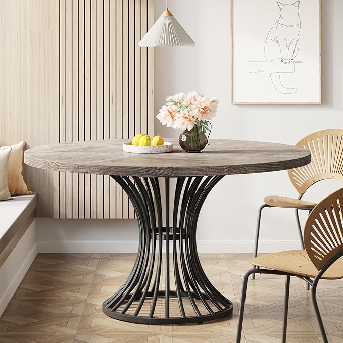 Tribesigns Round Dining Table for 4-6 People, 47-Inch Farmhouse Dinning Room Circle Kitchen Table, Industrial Dinner Table with Metal Base for Kitchen, Living Room, Gray