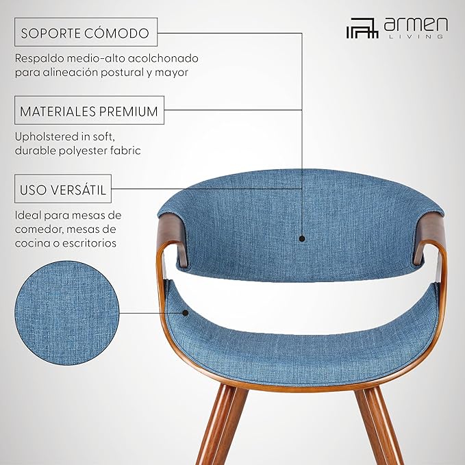 Armen Living Butterfly Mid-Century Dining Chair in Walnut Finish and Blue Fabric - Set of 6