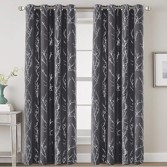 H.VERSAILTEX Blackout Curtains for Bedroom Foil Print Twig Tree Branch Thermal Insulated Grommet Curtains Light Blocking Thick Soft Window Curtains for Living 52 x 96 Inch, 2 Panels, Charcoal Gray