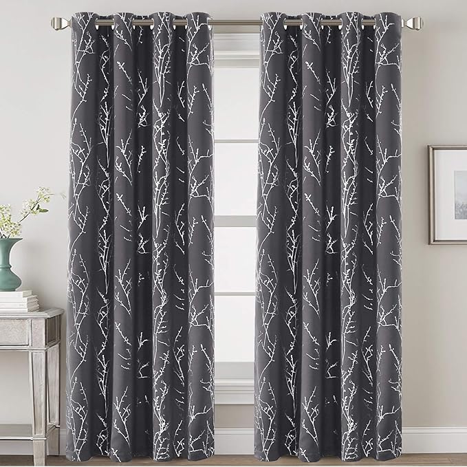 H.VERSAILTEX Blackout Curtains for Bedroom Foil Print Twig Tree Branch Thermal Insulated Grommet Curtains Light Blocking Thick Soft Window Curtains for Living 52 x 84 Inch, 2 Panels, Charcoal Gray