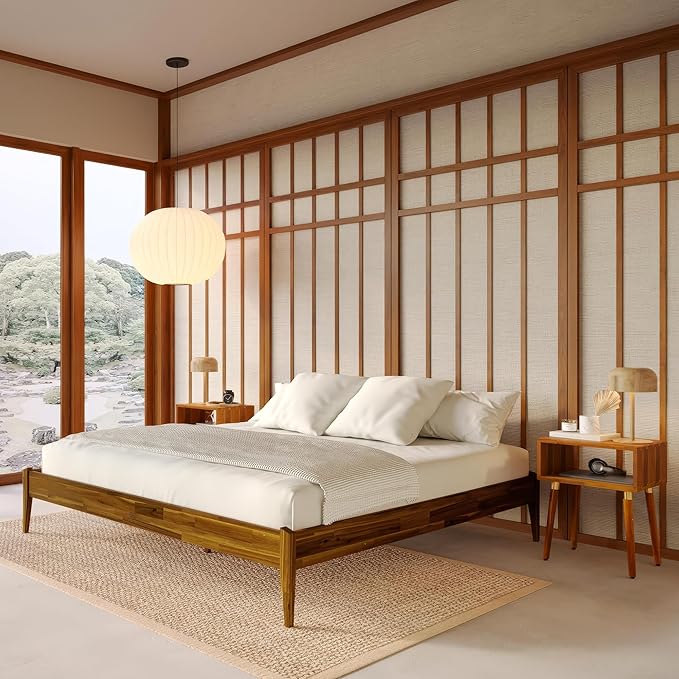 Bme Dinkee King Bed Frame Wood 15 Inch - Solid Wood Platform Bed Frame - Japanese Joinery Bed - Modern & Minimalist Style - Wood Slat Support - Easy Assembly - No Box Spring Needed - Caramel