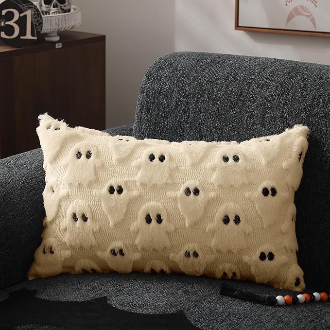 DFXSZ Halloween Pillow Covers 12x20 inch Set of 2 Beige Ghost Throw Pillow Cases Soft Plush Faux Fur Wool Couch Cushion Case for Chair Sofa Bedroom Living Room Home Decor PTK03D12