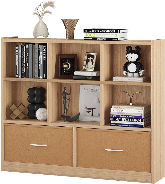 Cube Bookshelf Storage Organizer Bookcase,8 Cube Open Mid-Centur Shelf,Freestanding Display Bookshelve, Modern Wide Toy Shelf with Drawers for Bedroom Living Room Office (Natural)