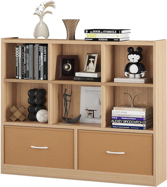 Cube Bookshelf Storage Organizer Bookcase,8 Cube Open Mid-Centur Shelf,Freestanding Display Bookshelve, Modern Wide Toy Shelf with Drawers for Bedroom Living Room Office (Natural)