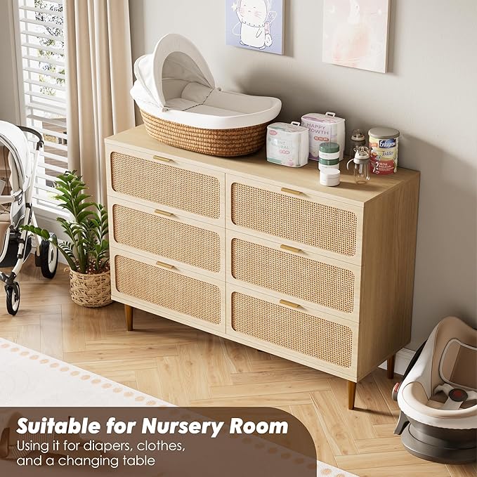 GarveeHome Rattan 6 Drawer Dresser for Bedroom, Large Double Dresser with Deep Drawers, Wooden Chest of Drawers for Closet with Wide Top, for Living Room, Hallway, Kids Room, Natural