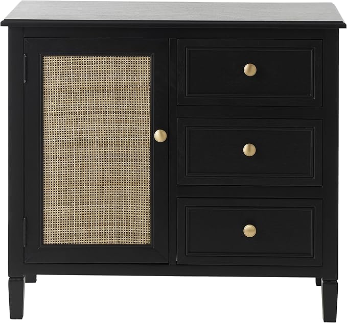 Deco 79 Wood Handmade Room Cabinet 3 Drawers and 1 Door Storage Cabinet with Rattan Front, Accent Cabinet 30" x 13" x 26", Black
