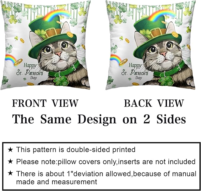 Happy St Patricks Day Pillows Covers 20x20 Pack of 2 Lucky Cat Clover Pillow Covers Rainbow Gold Coin Shamrock Decorative Pillow Cases Cushion Case for Living Room Couch Sofa
