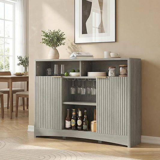 Marsail 47.2" Bar Cabinets with Storage,Modern Sideboard with Fluted Glass Doors,Versatile Coffee Bar with Adjustable Shelves and Stemware Rack for Kitchen and Living Room,Light Grey