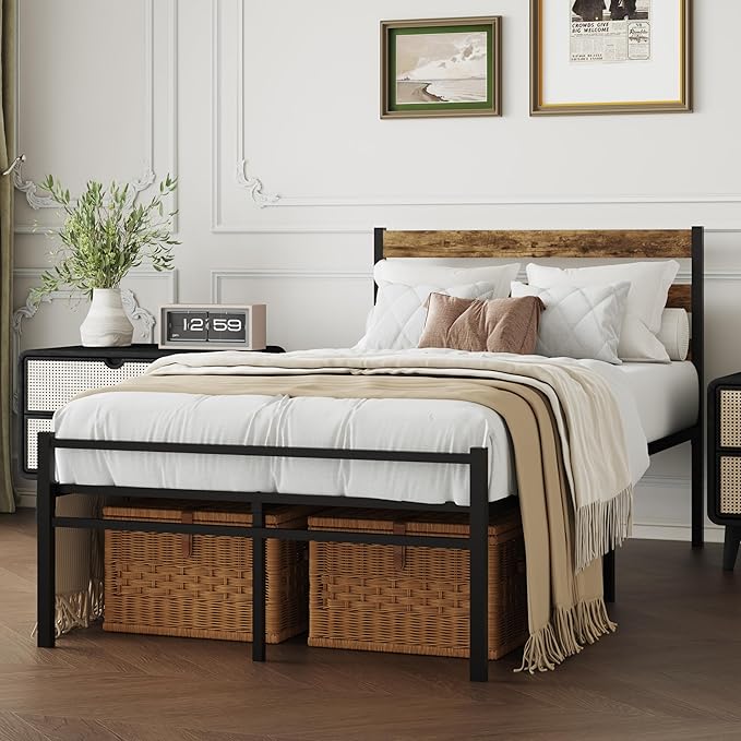 Metal Platform Bed Frame with Headboard, Twin Size 39.0W x 77.7L x 36.2H inches, Wood and Faux Leather, Walnut (Walnut Colour, Twin)