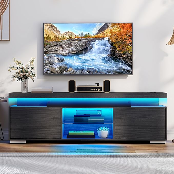 DWVO LED TV Stand for 65 inch TV w/Power Outlet, TV Stands for Living Room, Entertainment Center with Storage, Modern Television Stand, Gaming Media Stand, Black
