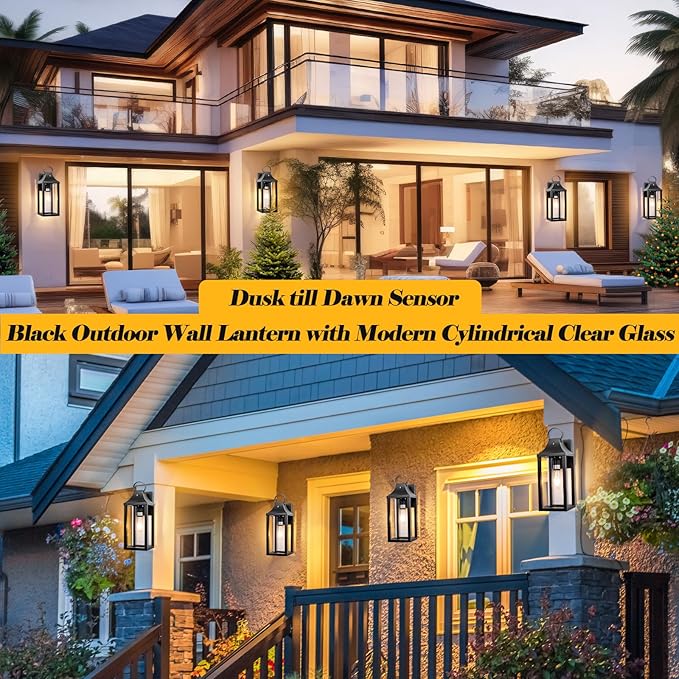 Dusk to Dawn Outdoor Lighting for House 17 Inch, Black Porch Light Cylindrical Glass IP65 Waterproof Large Outdoor Light Fixture Farmhouse Sconces Wall Lighting Exterior Lanterns for Patio