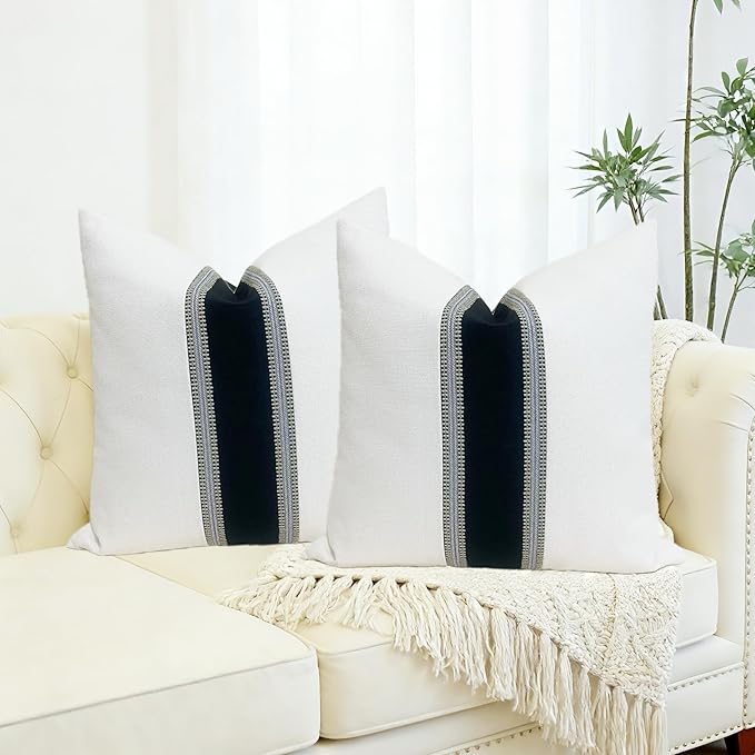 Slow Cow Linen Off White and Black Patchwork Throw Pillow Covers Decorative Cushion Covers 18 x 18 Inches