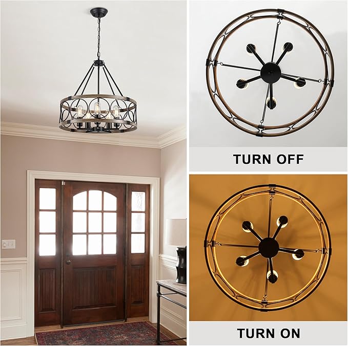 Farmhouse Chandelier for Dining Room 5-Light Black Rustic Drum Chandeliers 20" Wood Texture Adjustable Pendant Light Fixture for Kitchen Island Entryway Bedroom Hallway