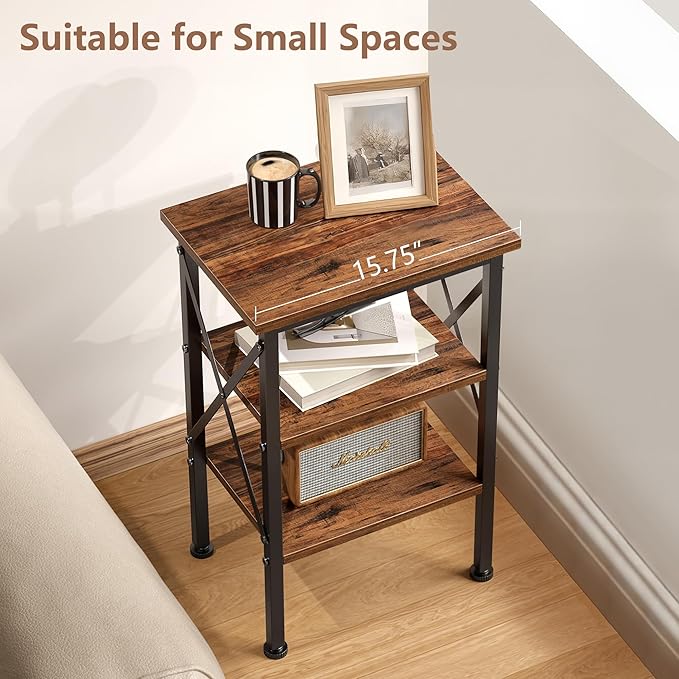 VECELO End Table, Nightstand, 24" Tall Living Room Side Tables, X-Design Reinforced Bedside Table, Nightstands with 3-Tier Storage Shelves for Small Spaces, Office, Bathroom, Bedroom, Retro Brown