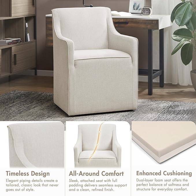 Madison Park Dining Chair with Hidden Casters, 20" Thick Seat Foam Cushion, Upholstered, Padded, Modern Farmhouse Dining Chair, Fully Assembled, Charlotte, 34" H, Cream
