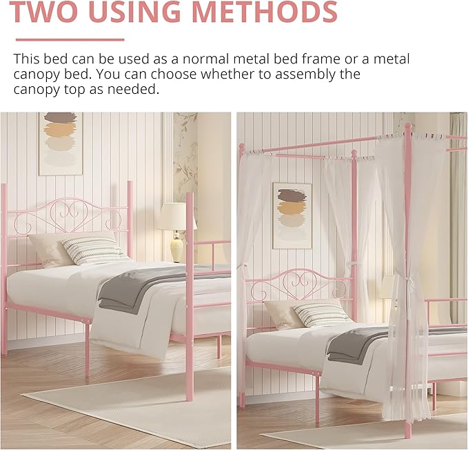 VECELO Twin Canopy Bed Frame with Headboard and Footboard, Metal Four Posters Design, Mattress Foundation Platform with Steel Slats Support, Underbed Storage Space, No Box Spring Needed, Pink
