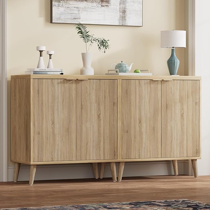 Buffet Cabinet with Storage, Modern Fluted Accent Sideboard with Doors & Adjustable Shelves, Buffet Table Entryway Cabinets for Living Room, Kitchen, Dining Room, Hallway, Natural