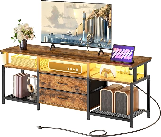 HOOBRO TV Stand with Power Outlet and LED Light, Entertainment Center for TVs Up to 65 Inch, Modern Media Console Table with 2 Non-Woven Drawers, for Living Room, Bedroom, Rustic Brown BF54UDDS01