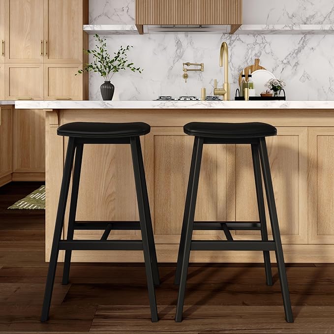 Plank+Beam Beryl Bar Height Stool - Mid-Century Modern Rubberwood Bar Stool with Faux Leather Seat, Metal Footrest, Easy Assembly, 4-Pack, Black/Black