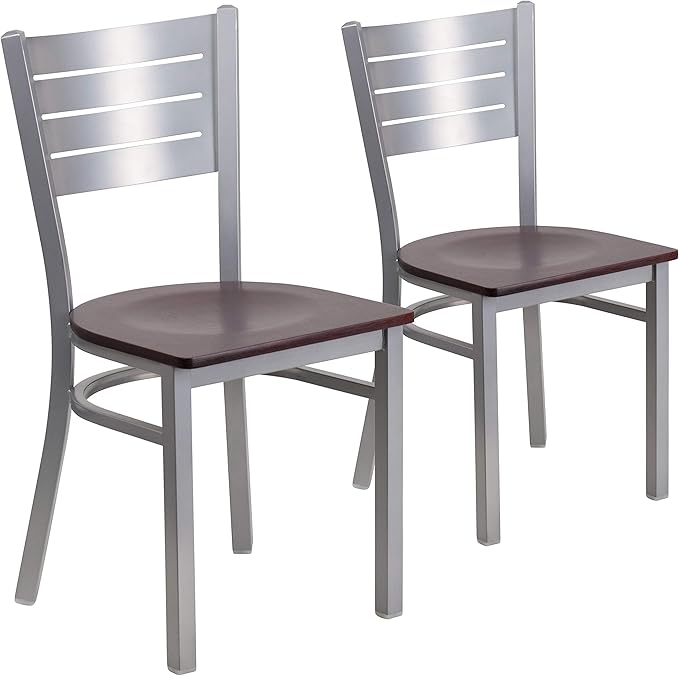 Flash Furniture 2 Pk. HERCULES Series Silver Slat Back Metal Restaurant Chair - Mahogany Wood Seat