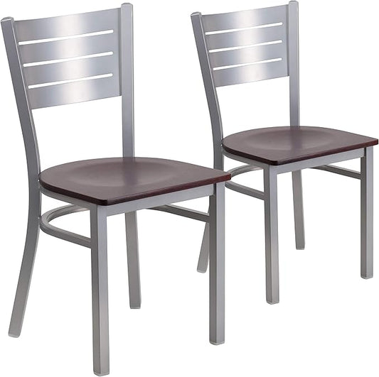Flash Furniture 2 Pk. HERCULES Series Silver Slat Back Metal Restaurant Chair - Mahogany Wood Seat
