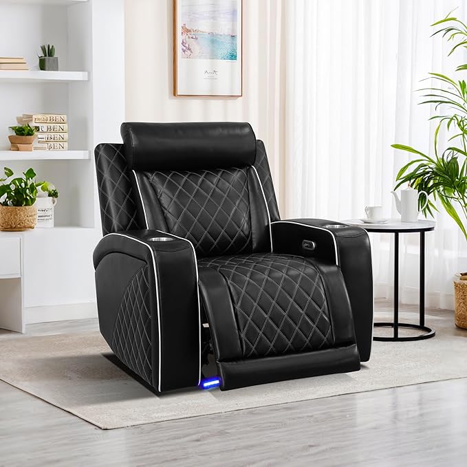 Breathing Leather Power Recliner Sofa Set, 2 Piece Leather Couch and Recliner Chair Set, Living Room Furniture Set with USB Charging/LED Lights (Black New, Sofa+Chair)