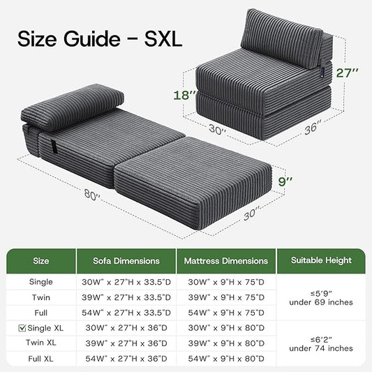 4-in-1 Folding Sofa Bed Convertible Chair Couch Foldable Chaise Lounger & Mattress Pocket Coils+Foam Fill, Portable No Assembly Boneless Sofa Floor Futon for Living Room/Bedroom, Single XL