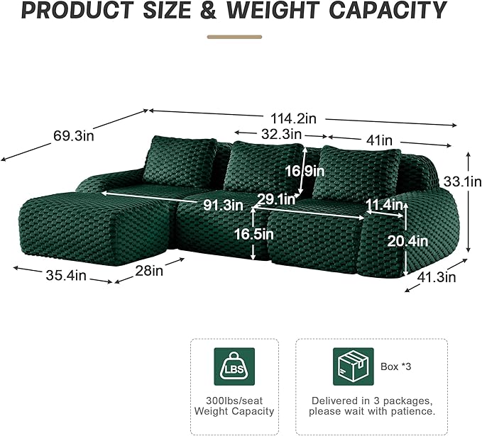 KEIKI 114" Oversized 3-Seater Boneless Couches for Living Room, Compact Modular Sectional Velvet Sofa, Deep Seat Cozy Foam Lounge Couch No Assembly for Apartment Space, Modern Comfort Design, Green