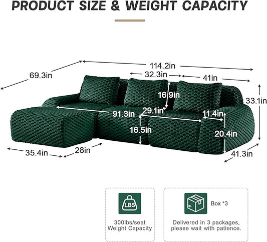 KEIKI 114" Oversized 3-Seater Boneless Couches for Living Room, Compact Modular Sectional Velvet Sofa, Deep Seat Cozy Foam Lounge Couch No Assembly for Apartment Space, Modern Comfort Design, Green