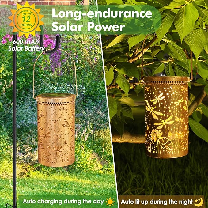 Fabuday Dragonfly Gifts Outdoor Solar Lantern Waterproof - Hanging Solar Power 8 Color Light Led for Outside, Garden Decor for Patio, Porch, Balcony, Yard and Deck, Gardening Gifts for Women 2 Pack