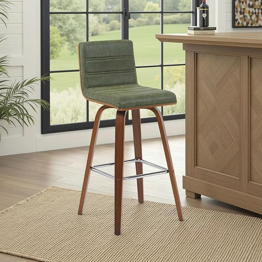 Vienna Modern Swivel Bar Height Stool with Vintage Green Upholstered Seat and Walnut Finished Wood Frame Set of 2