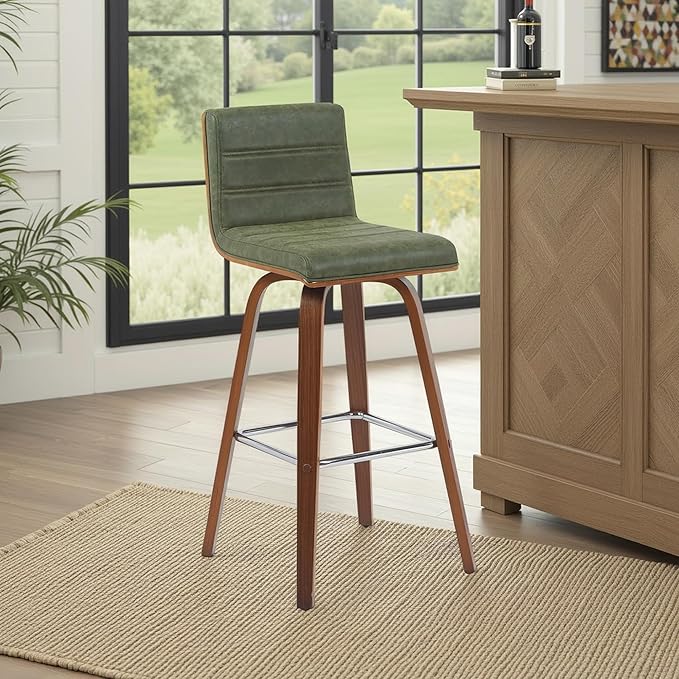 Armen Living Vienna Modern Swivel 30" Bar Height Barstool with Vintage Green Faux Leather and Walnut Wood Finish