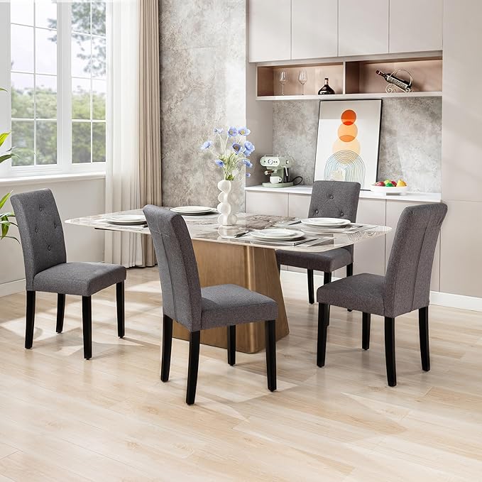 VECELO Upholstered Dining Chairs Set of 2, Modern Fabric and Solid Wood Legs &High Back for Kitchen/Living Room- Dark Gray