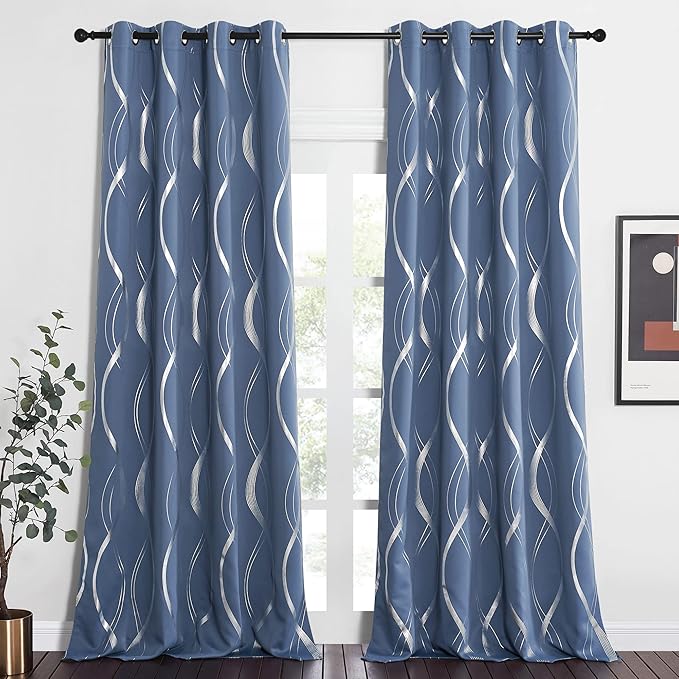 NICETOWN Living Room Curtains 102" Length 2 Panels Burg, Stone Blue, Extra Long Blackout Curtains and Drapes for Large Window, Foil Printed Wave Lines Energy Saving Thermal Insulated Draperies