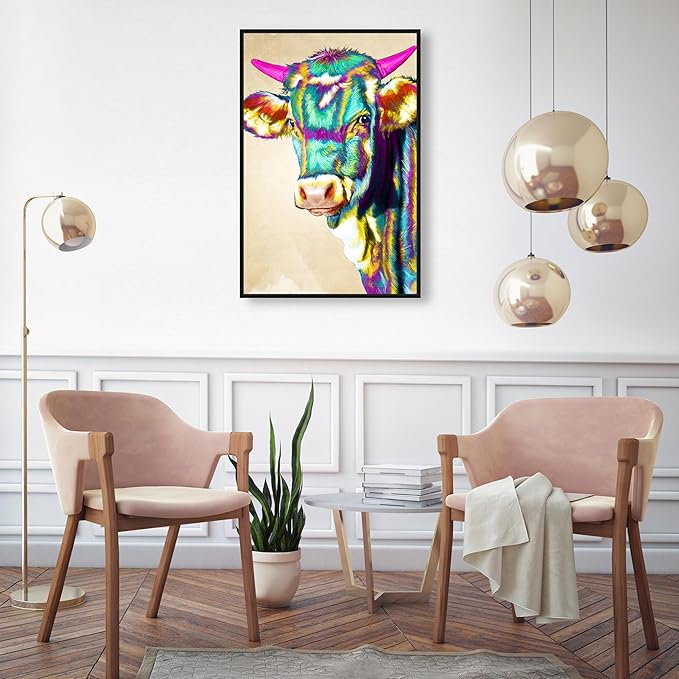 Country Farmhouse Canvas Print Painting Animal Wall Art 'Fun Colorful Glam Farm Cow' Black Framed Canvas Rustic Home Décor 20x30 in Green, Pink by Oliver Gal