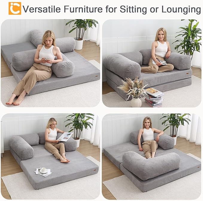 COMAX Futon Sofa Bed, 4-in-1 Floor Foldable Sofa Couch Bed with L-Shaped Armrests, Convertible Folding Chair Bed Sleeper Mattress Fold Out Lounge for Living Room Bedroom, Light Grey