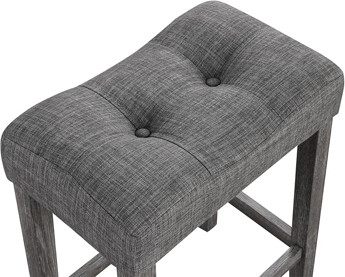 ERGOMASTER 24” Backless Bar Stools, Solid Rubber Wood, Button-tufting Seat, Dark Grey/Dark Wood, Set of 4