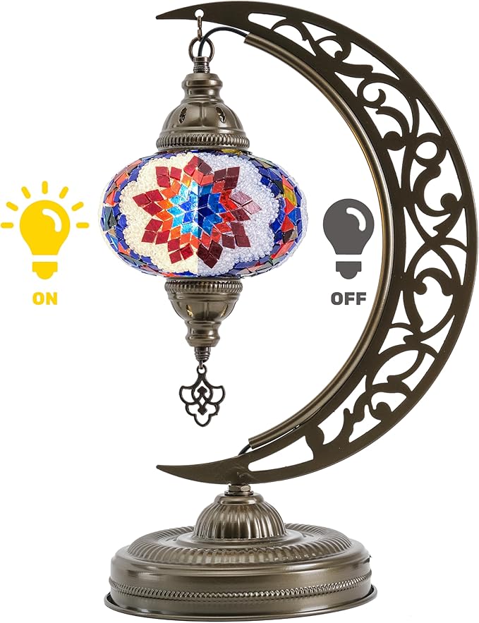 Mozaist Turkish Mosaic Crescent Shape Table Lamp, Moroccan Moon Boho Handmade Desk Light, Farmhouse Rustic Living Room Decorative Lighting, Bedside Nightstand with E12 Socket & US Plug (Multicolor)