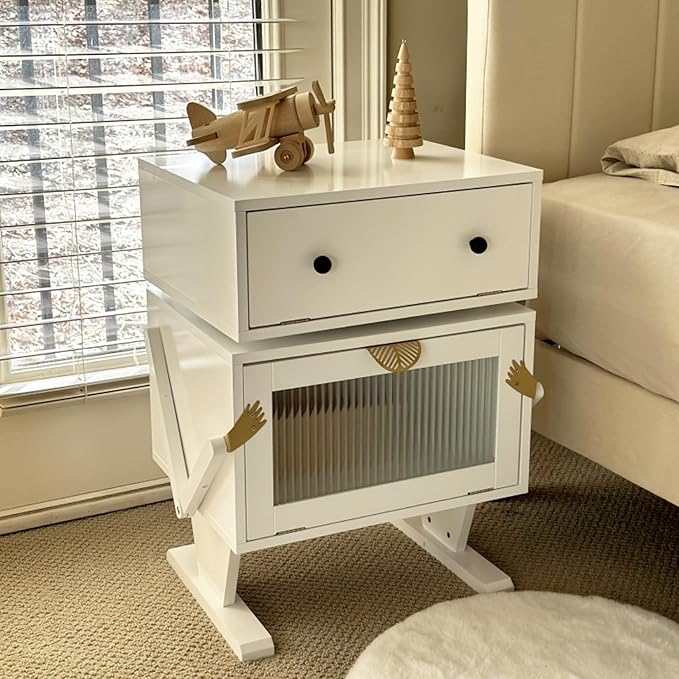 RoyalCraft Nightstand with LED Light Strips, White End Table with 360° Rotating Drawer, Modern Bedside Table with Glass Door Storage, Wood Night Stand Cabinet for Bedroom, Home Office, White