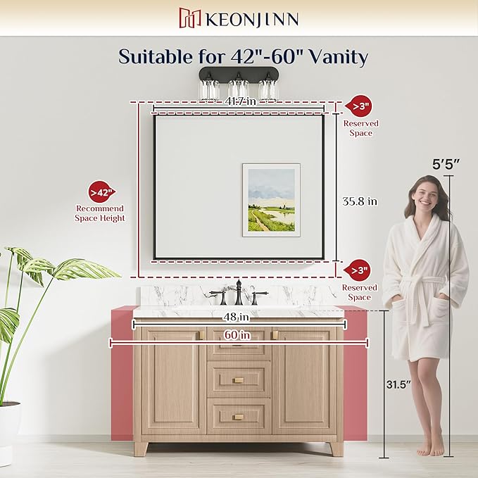 Keonjinn 42 x 36 Inch Black Bathroom Mirrors for Over Sink, Beveled Rectangle Framed Mirrors for Wall, Black Bathroom Vanity Mirror, Tempered Glass, Farmhouse Style, Hangs Horizontally or Vertically