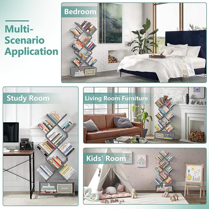 HI NINGER Tree Bookshelf,9 Tier Folding Bookshelf with Storage Cabinet, Tall Narrow Bookshelves Organizer,Bookcase Tower,Tall Floor Standing Book Organizer for Living Room/Bedroom/Home Office/Corner